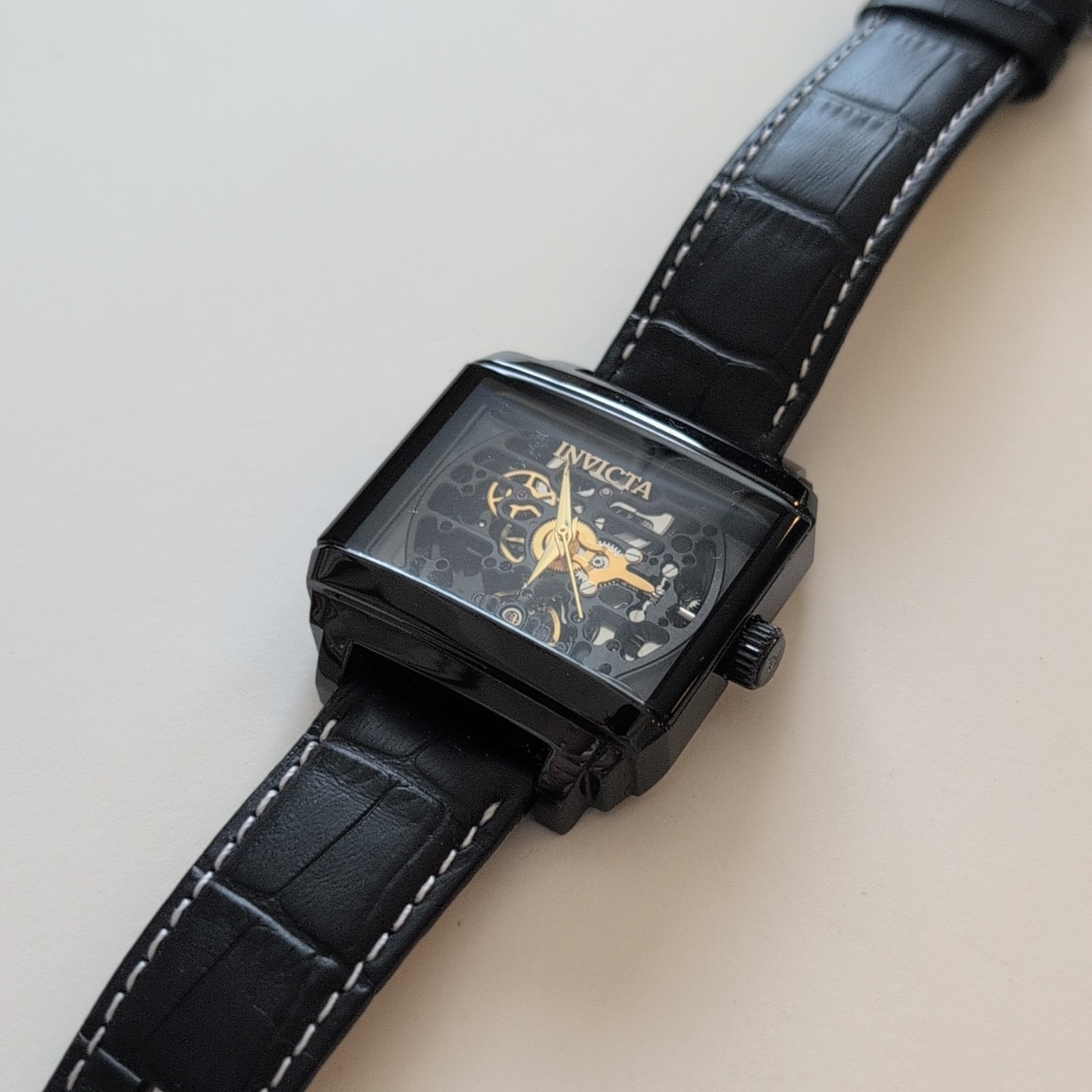 Invicta Objet D Art Automatic Black Dial Black Case Leather Strap WR 30m