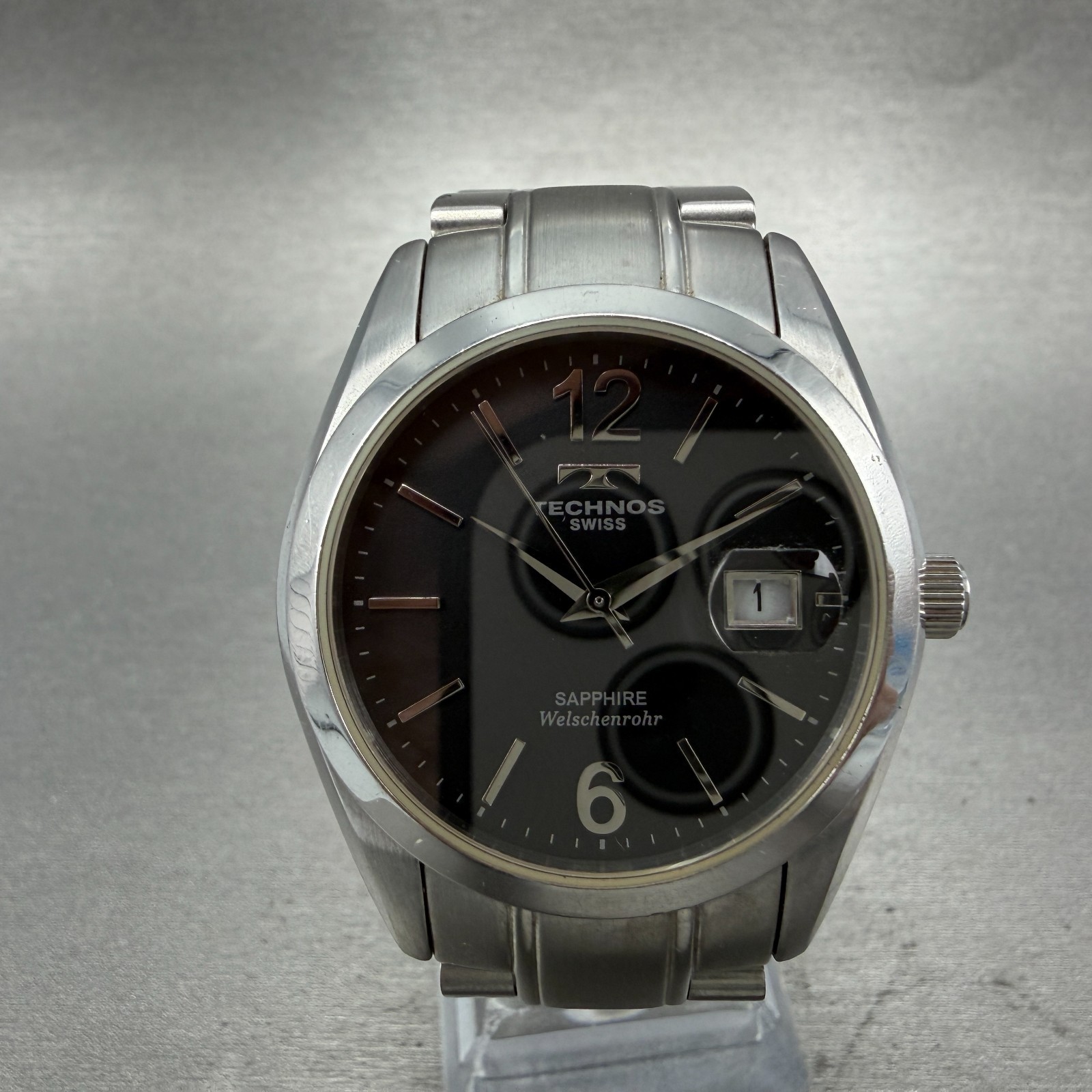 Technos Welschenrohr Watch Men 37mm Black Dial Silver Tone Date Round New Batt B