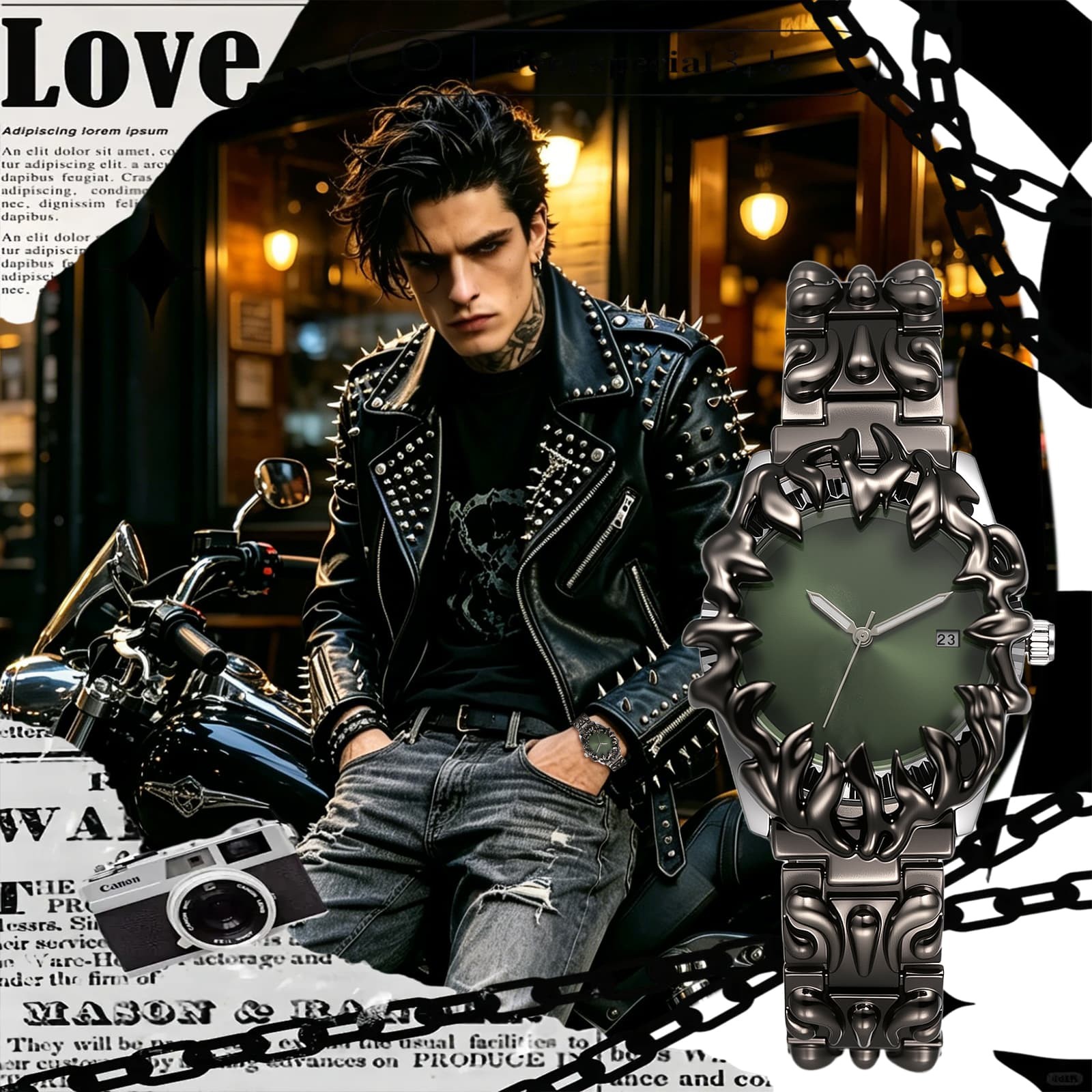 Men Punk Y2K Embossed Flame Adjustale Strap Date Luminous Wrist Watch for Party