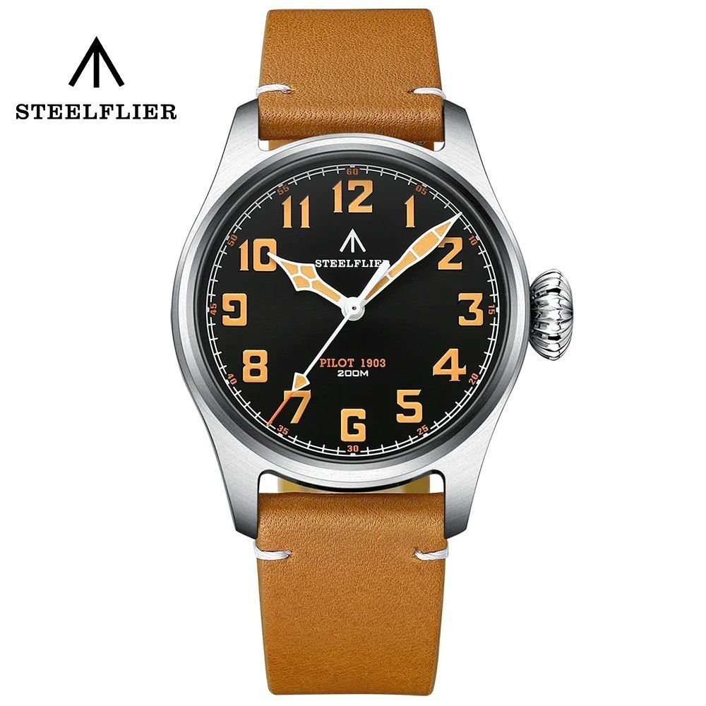 39MM STEELFLIER Pilot Quartz Diver Watch Men’s Leather Waterproof Luminous NEW