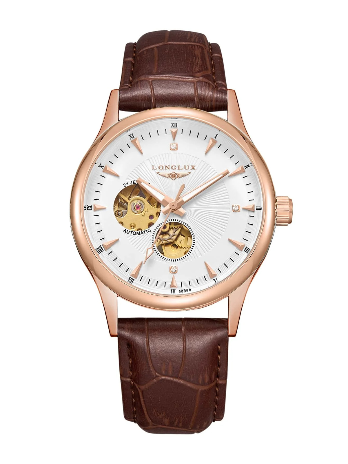 LONGLUX Men’s Automatic Skeleton Watch Roman Numerals Leather Waterproof