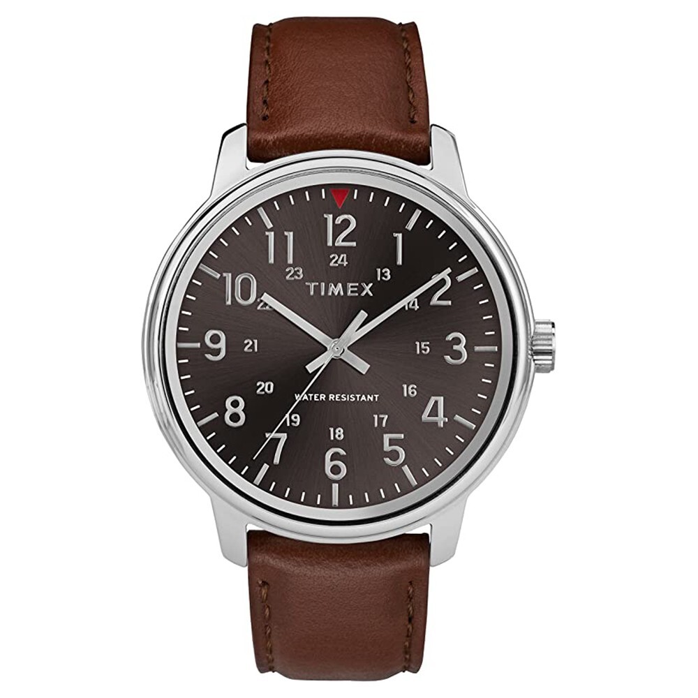 Timex Mens Classics 43mm Silver Case Mineral Glass Brown Leather Strap Watch