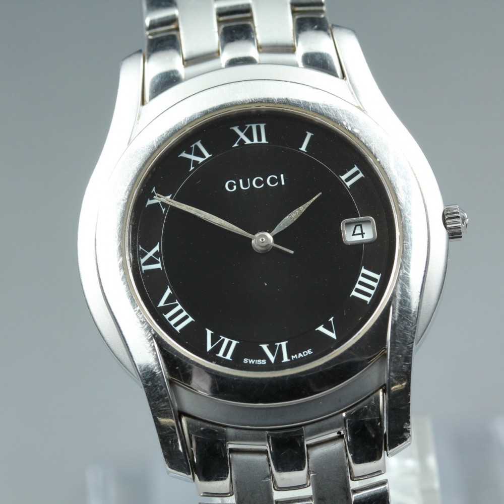 GUCCI 5500M Date Black Roman Dial Silver Genuine Bracelet Quartz 35mm Mens Watch