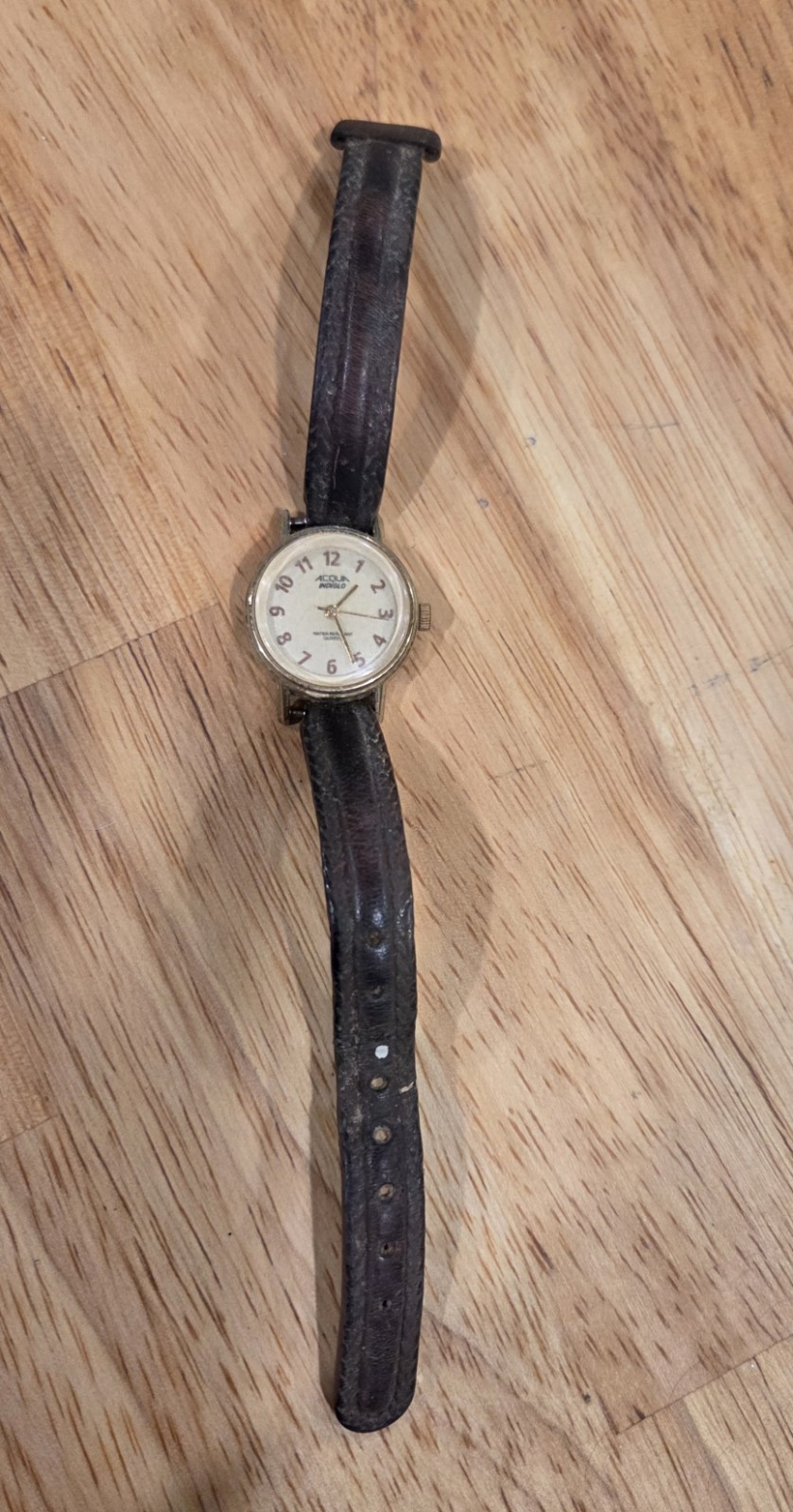Vtg Acqua Indiglo Women’s Quartz Watch Gold Tone White Dial Black Leather Band