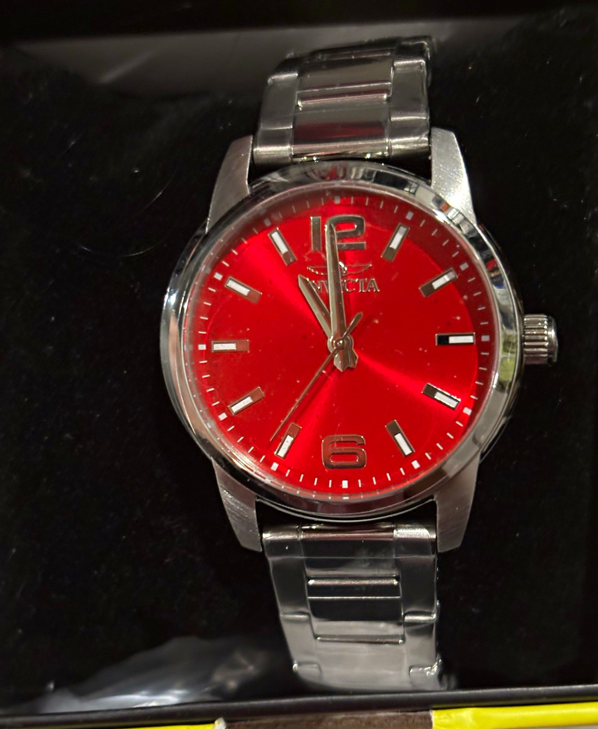 Invicta Women’s Analog Red Dial Stainless Steel Silver Bracelet Watch 12-Hour