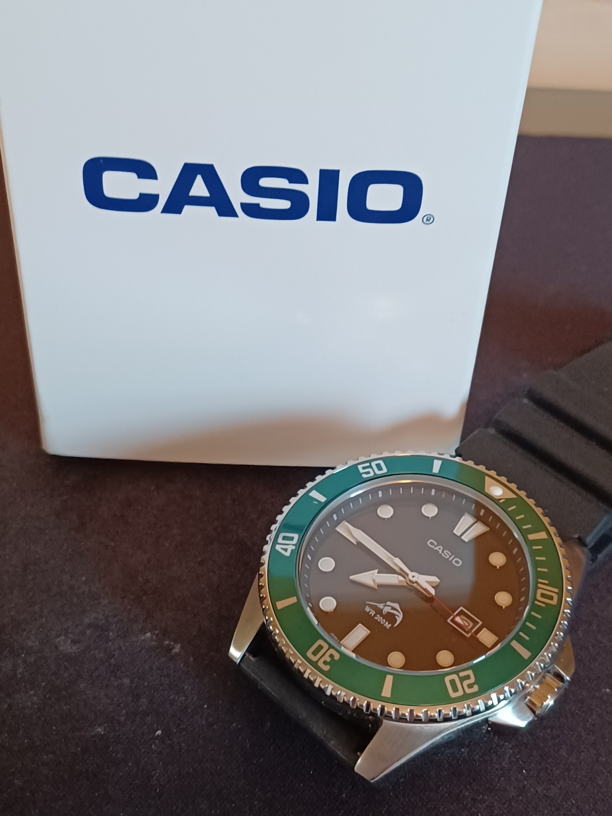 Casio Duro Marlin 44mm with Green Bezel. Extra Bands and Box .