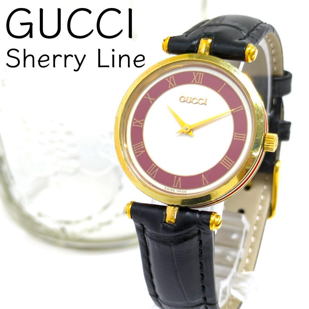 Gucci Shelly Line Quartz Round Watch Red Gold Black Japan 071830