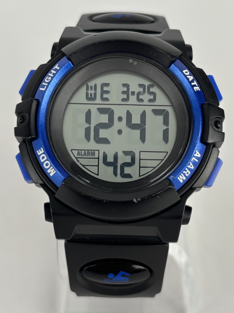 Lavaredo 42mm Black/Blue Digital Sport Chrono Watch w/Buckle Band & New Battery