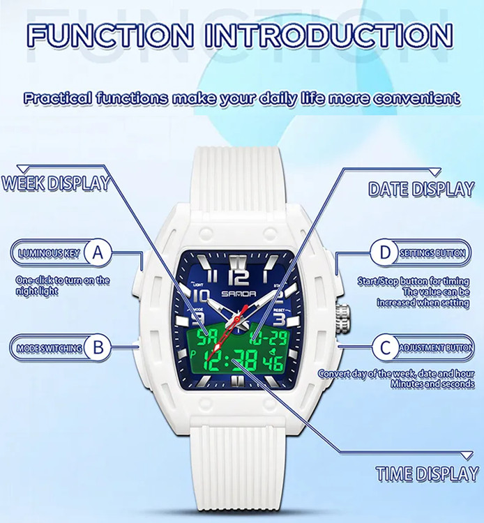 Unisex Multiple Functions Barrel Watch Dual Display Quartz plus Electronic