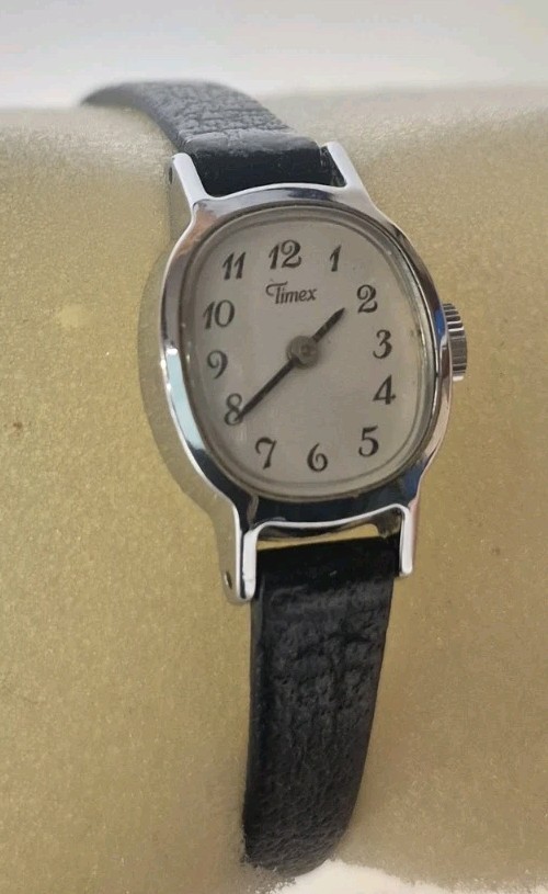 1970s Woman’s Timex Philippines Chrome T Cell 17mm Watch Blk Band