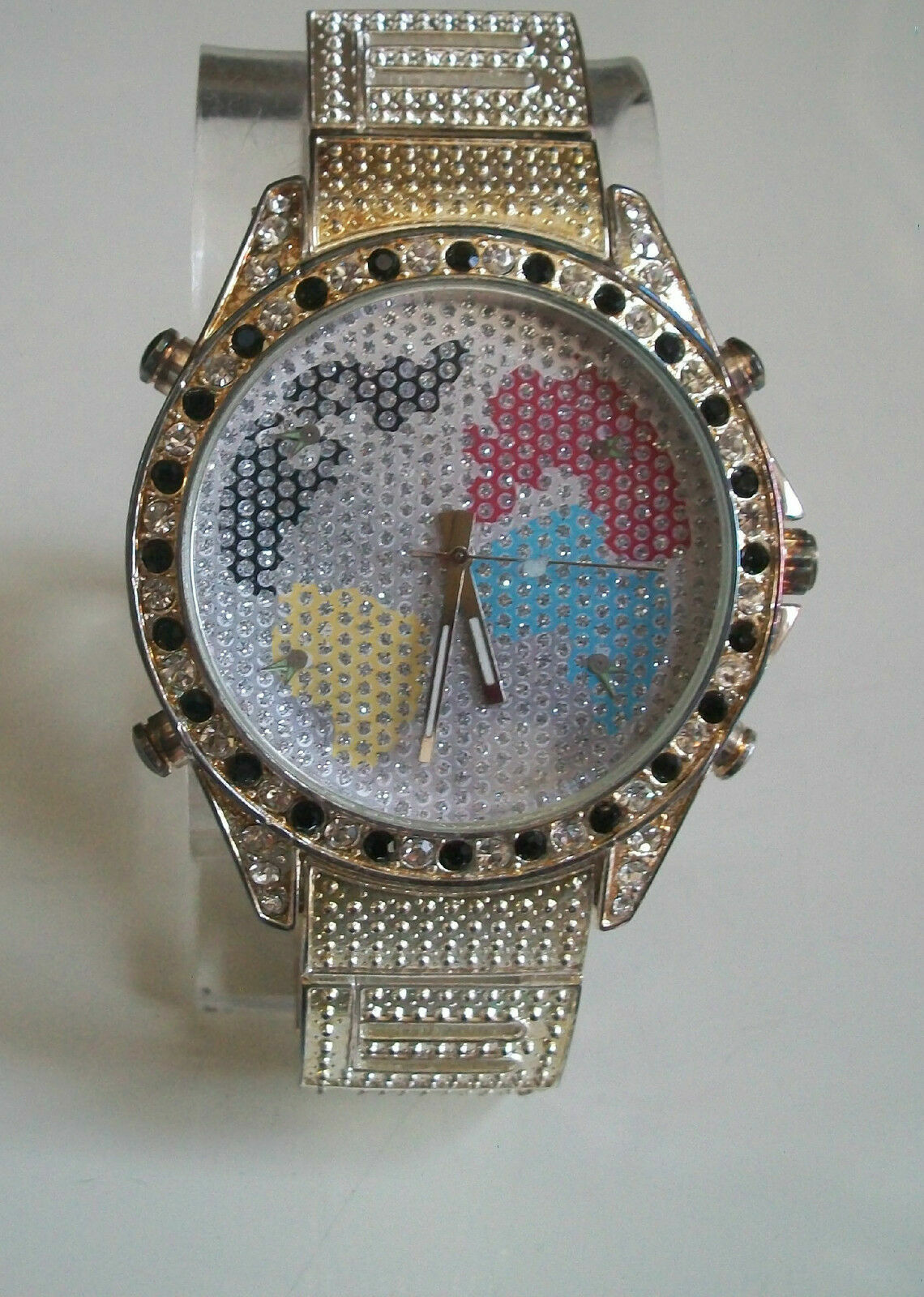 Men Silver Finish Black & Clear Stone World Map Dial Fashion Dressy Watch