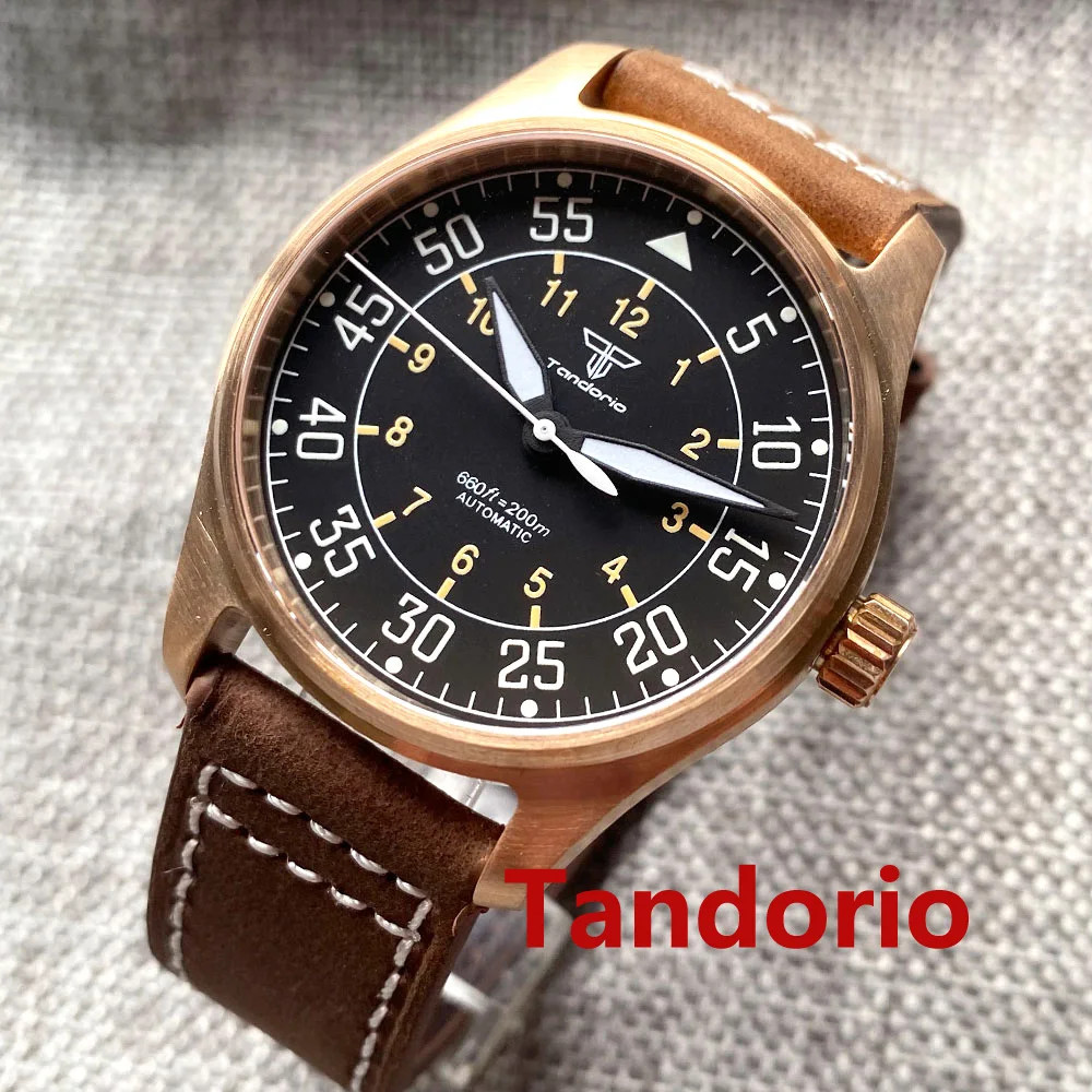 39mm Tandorio Solid Cusn8 Bronze Japan NH35 Automatic Diver Pilot Watch 20ATM