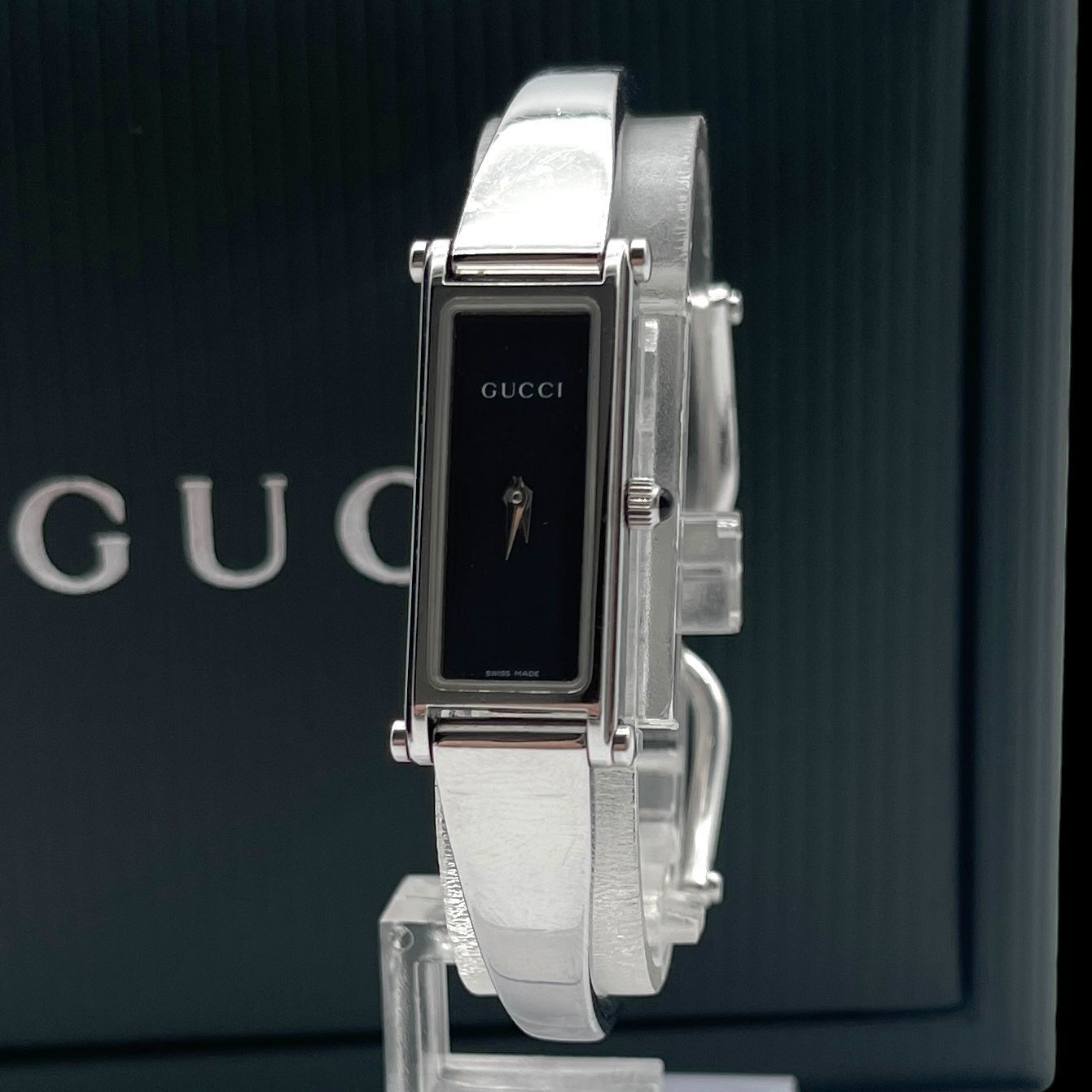 GUCCI 1500L Silver Square Quartz Ladies Watch Black Dial Swiss Made Box From JP