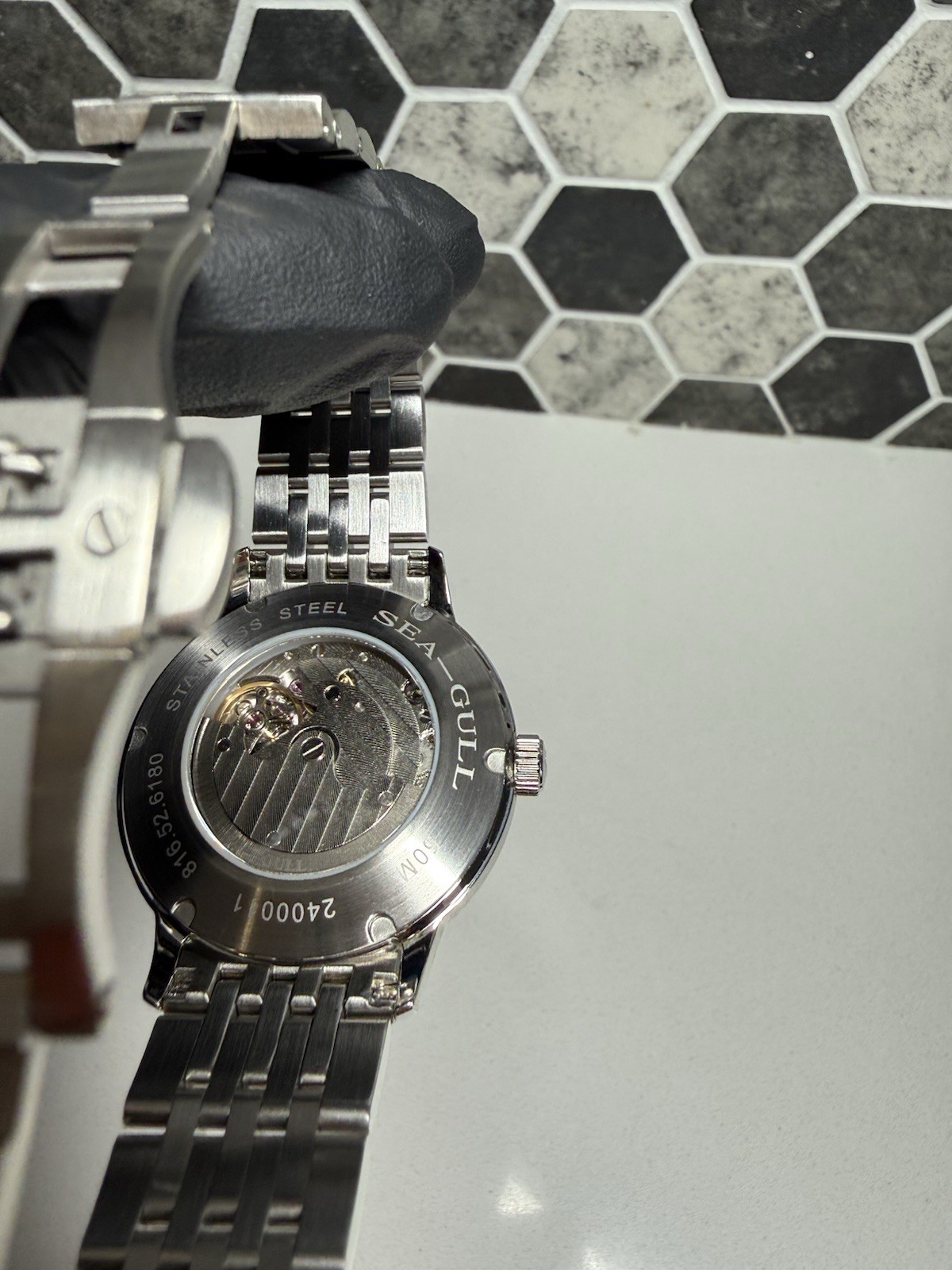 Seagull Automatic Mechanical Red/Black Dial Lume Small Sec SS Bracelet 50m