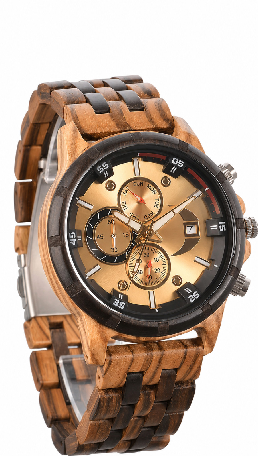 Men’s Wooden Watch Natural Wood Chronograph Quartz Wristwatch Military Sport Gif