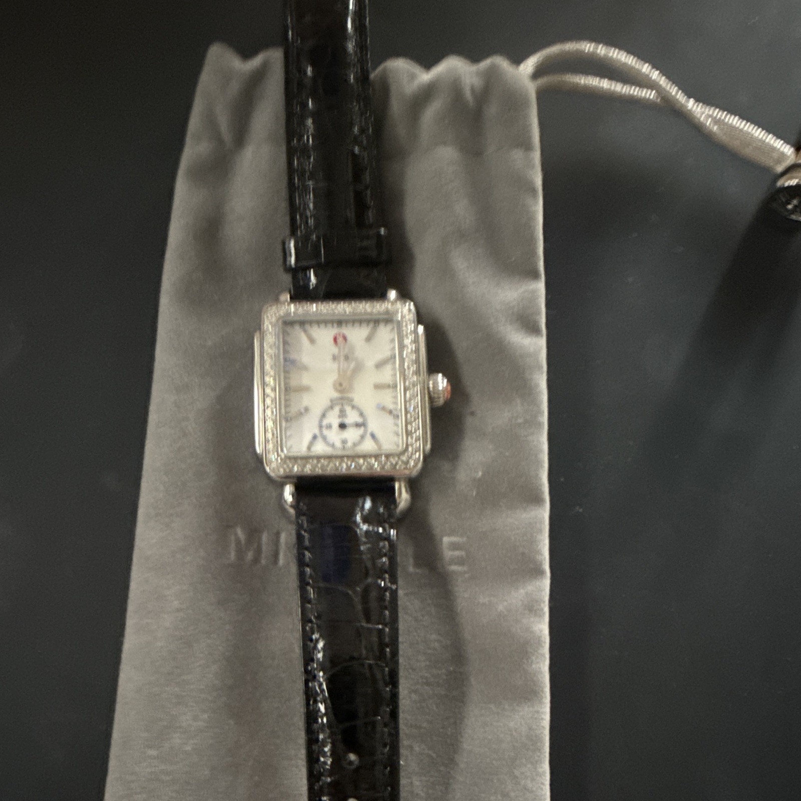 MICHELE Deco Diamond Bezel Quartz Rectangle 33mm White Dial Black/White Straps