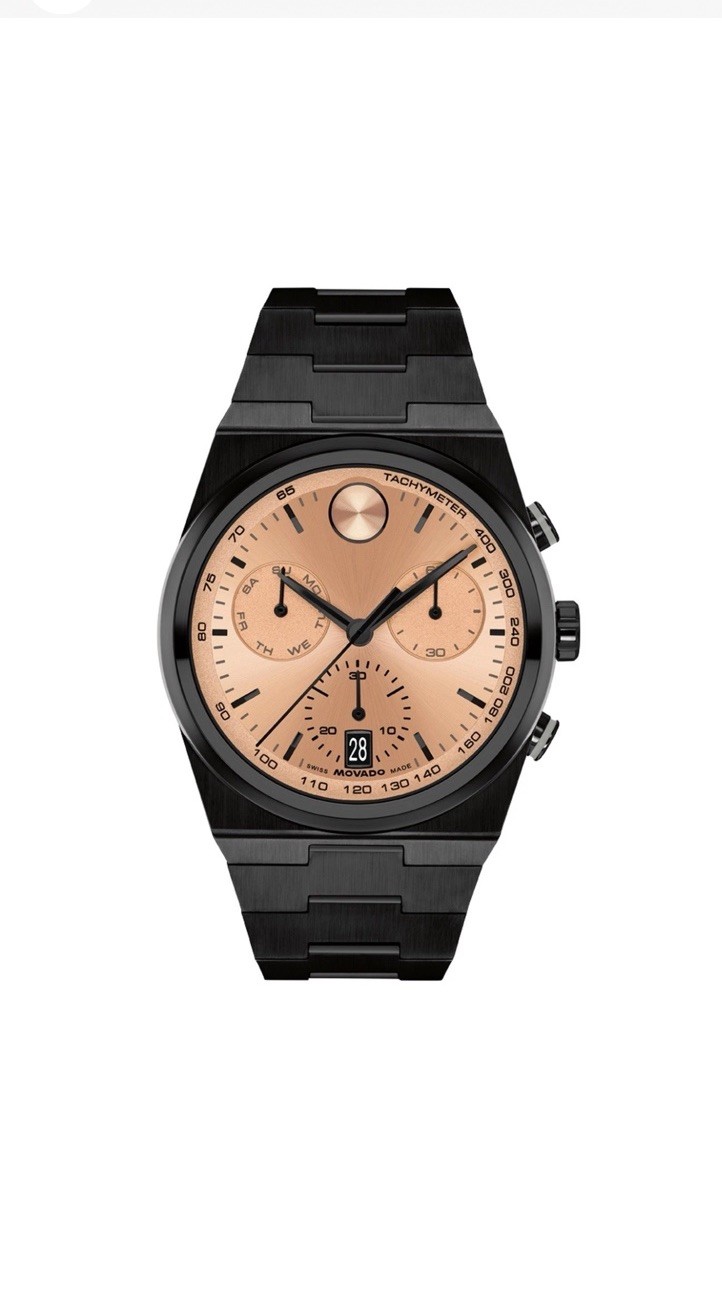 Watch Movado Bold Mens 42mm Black Stainless Steel Rose Gold Dial Chronograph