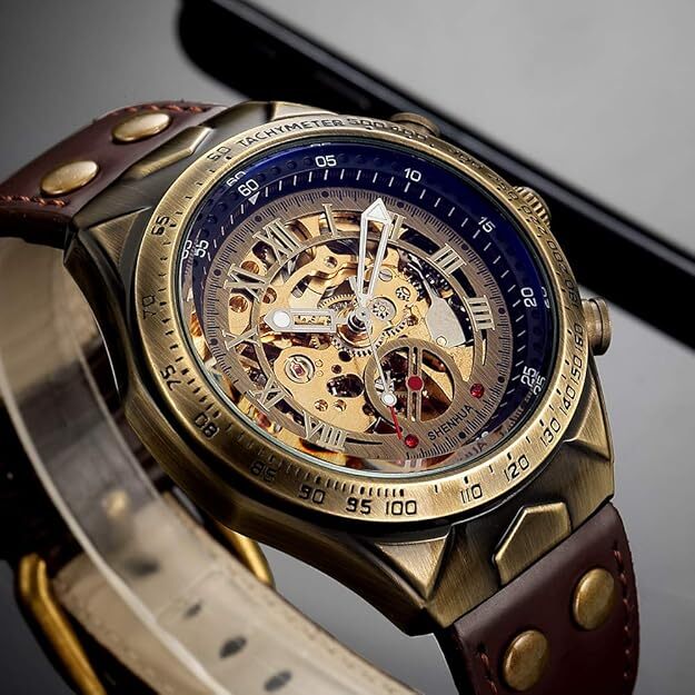 Luxury Men’s Automatic Mechanical Wrist Watch Leather Strap Retro Skeleton Dial