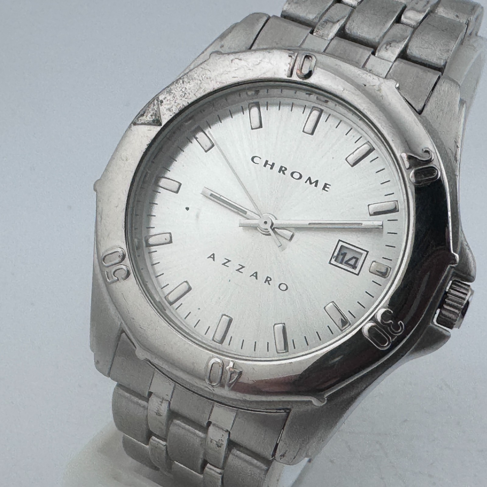 Chrome AZZARO Quartz Watch Men 30m Silver Rotating Bezel Date New Battery 6.75″
