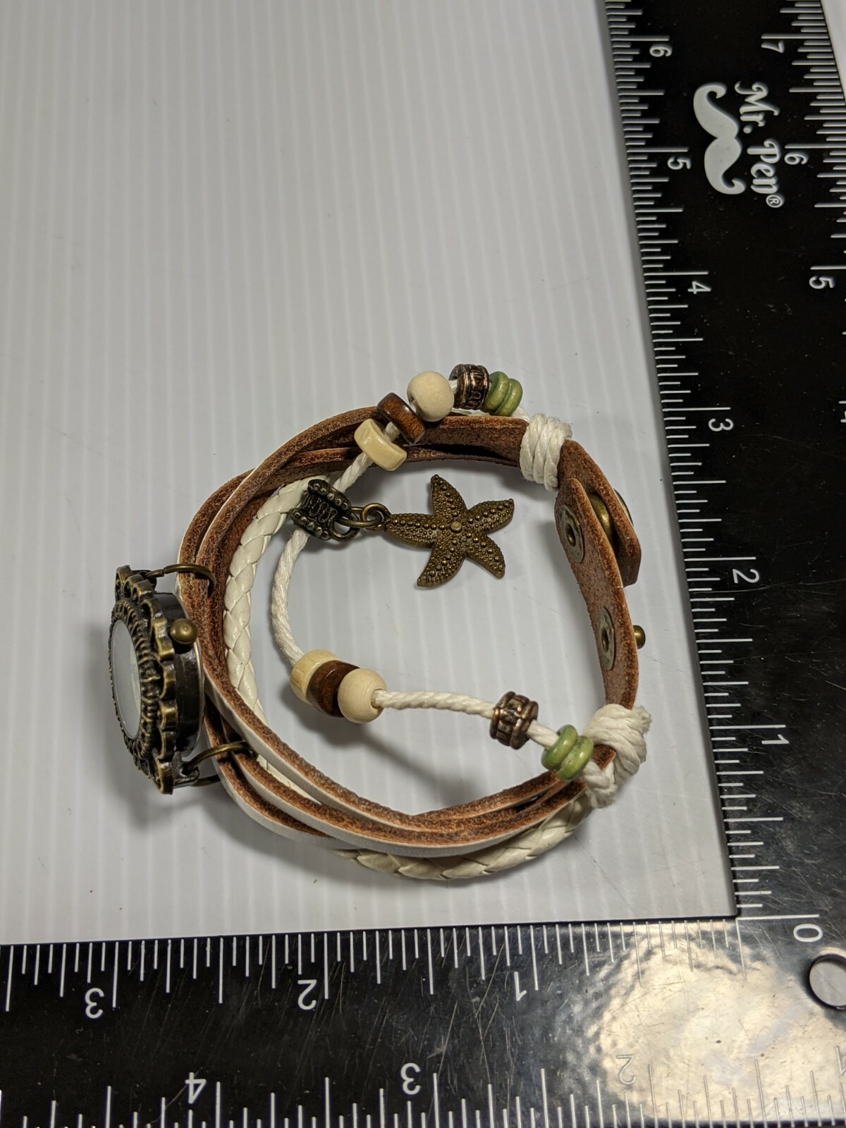 Bronze Tone Multiple Strap White Band Starfish Pendant Watch 8 Inch