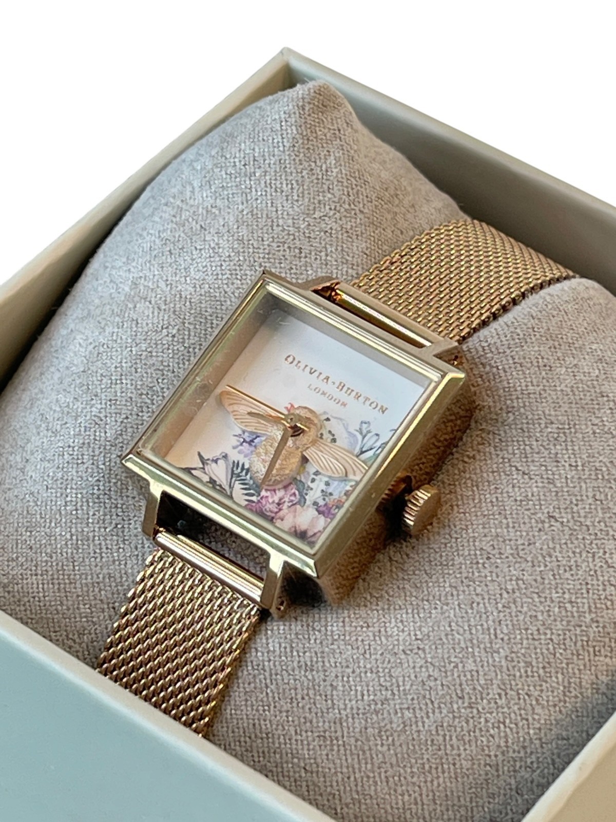 Olivia Burton London Ladies Square Floral Honey Bee Watch w/ Rose Gold Mesh Band