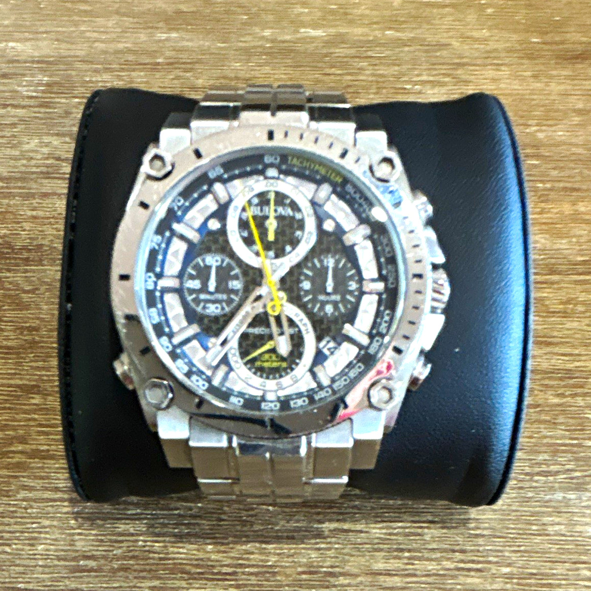 Bulova Precisionist Chronograph Tachymeter Quartz 44mm Black Dial SS 100m