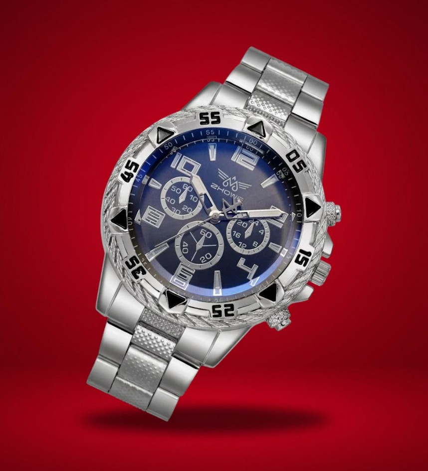 Mens Luxury Sport Watch Quartz Mechanical Movement Blue Dial Silver Wrist Zhowe