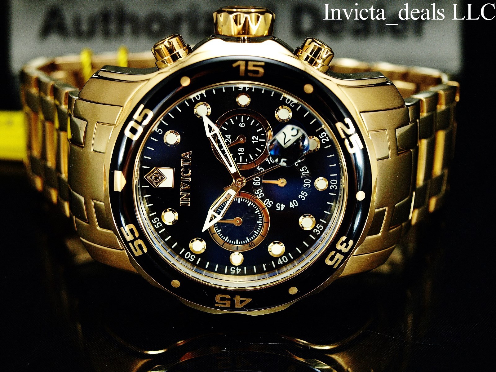 Invicta Men 48mm Pro Diver SCUBA Chronograph Black Dial 18k Gold Plated SS Watch