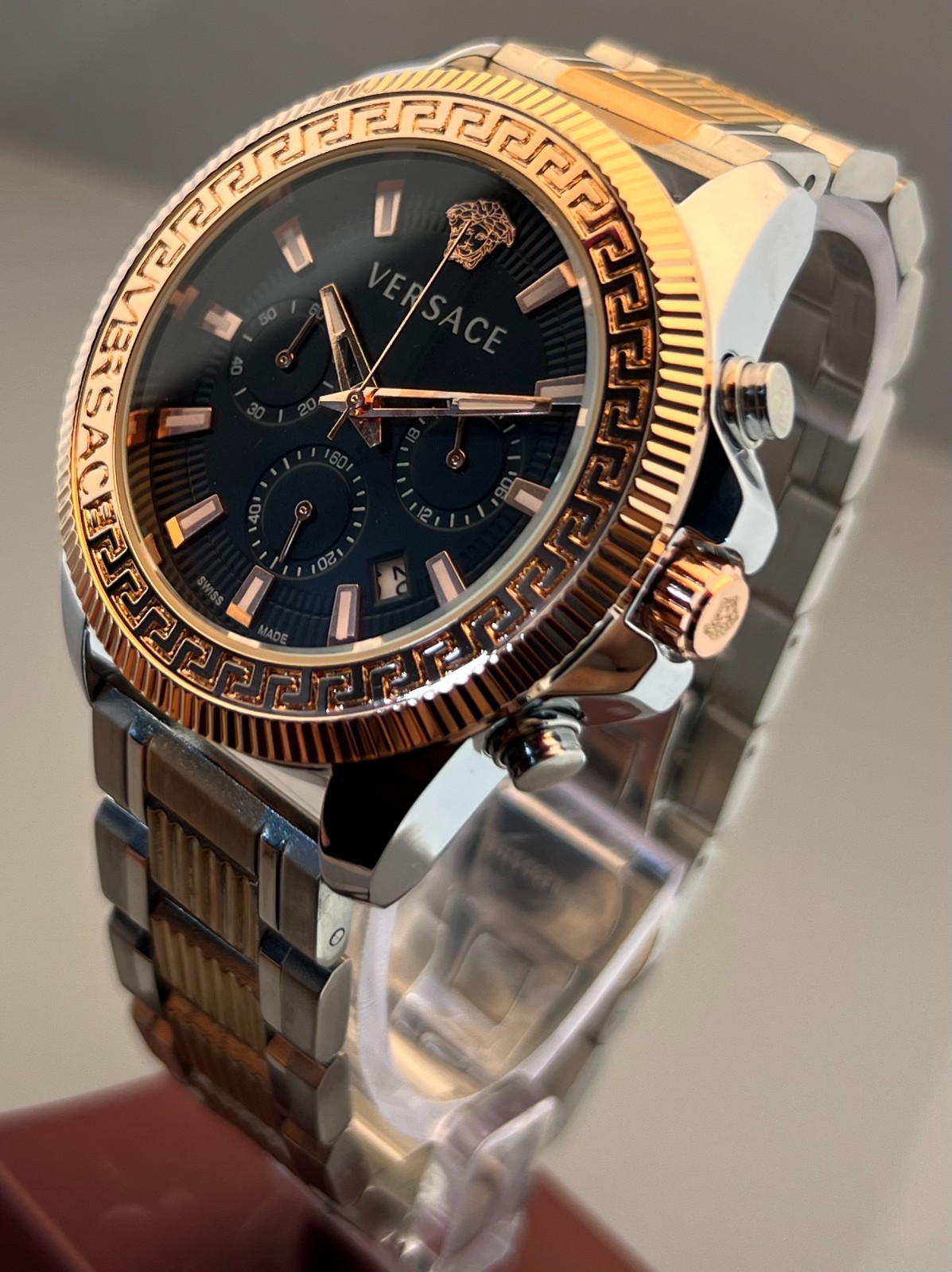 Vintage Men’s Versace Greca Action Chrono Quartz Black Dial Two-Tone Wristwatch