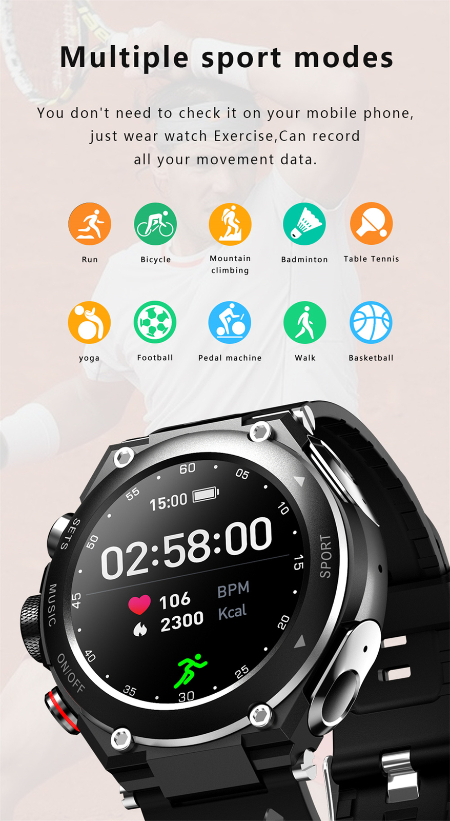 2 IN 1 Smart Watch with Bluetooth Earphone Call Music Waterproof Smartwatch
