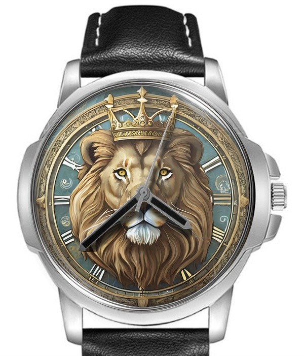 Lion With Crown 3 Leather Strap Big Dial Wrist Watch