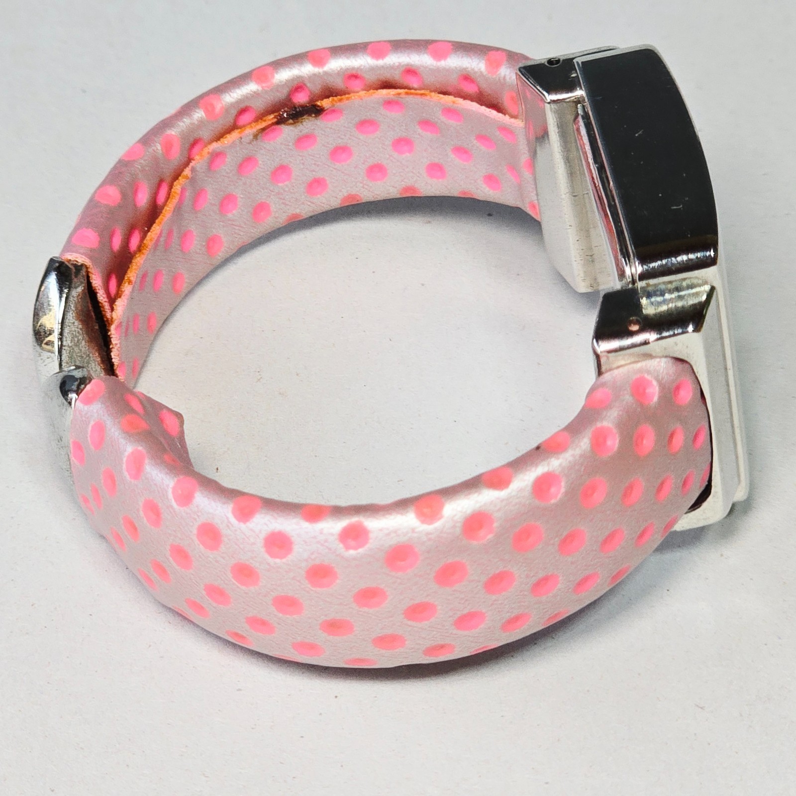 Geneva Bangle Watch Pink Polka Dot Quartz G Shape Bezel Vintage 2000s Retro