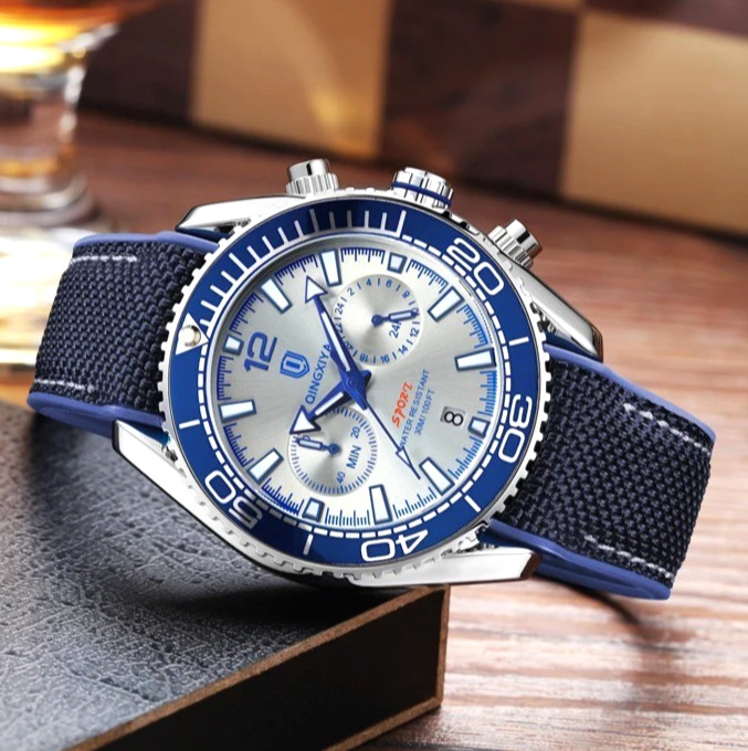 44MM QINGXIYA Quartz Diver Men’s Watch Nylon 30M Waterproof Date Luminous NEW