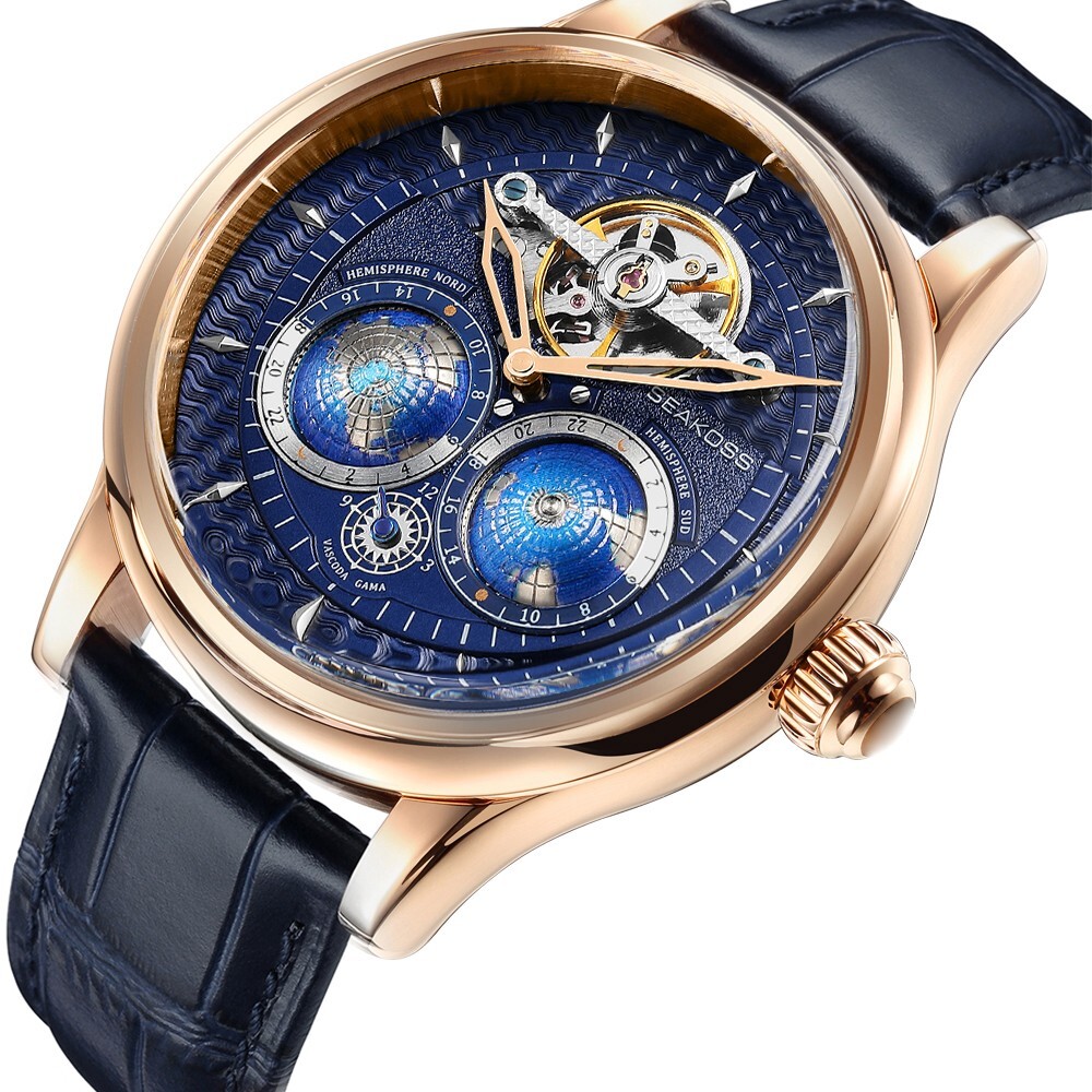 SEAKOSS Men’s Automatic Watch World Time Blue Dial Rose Gold Leather Strap