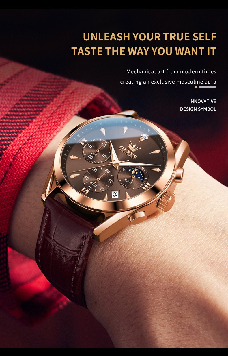 OLEVS 3609 Luminous Night Light Three Dial Japan Movement Leather Quartz Watch
