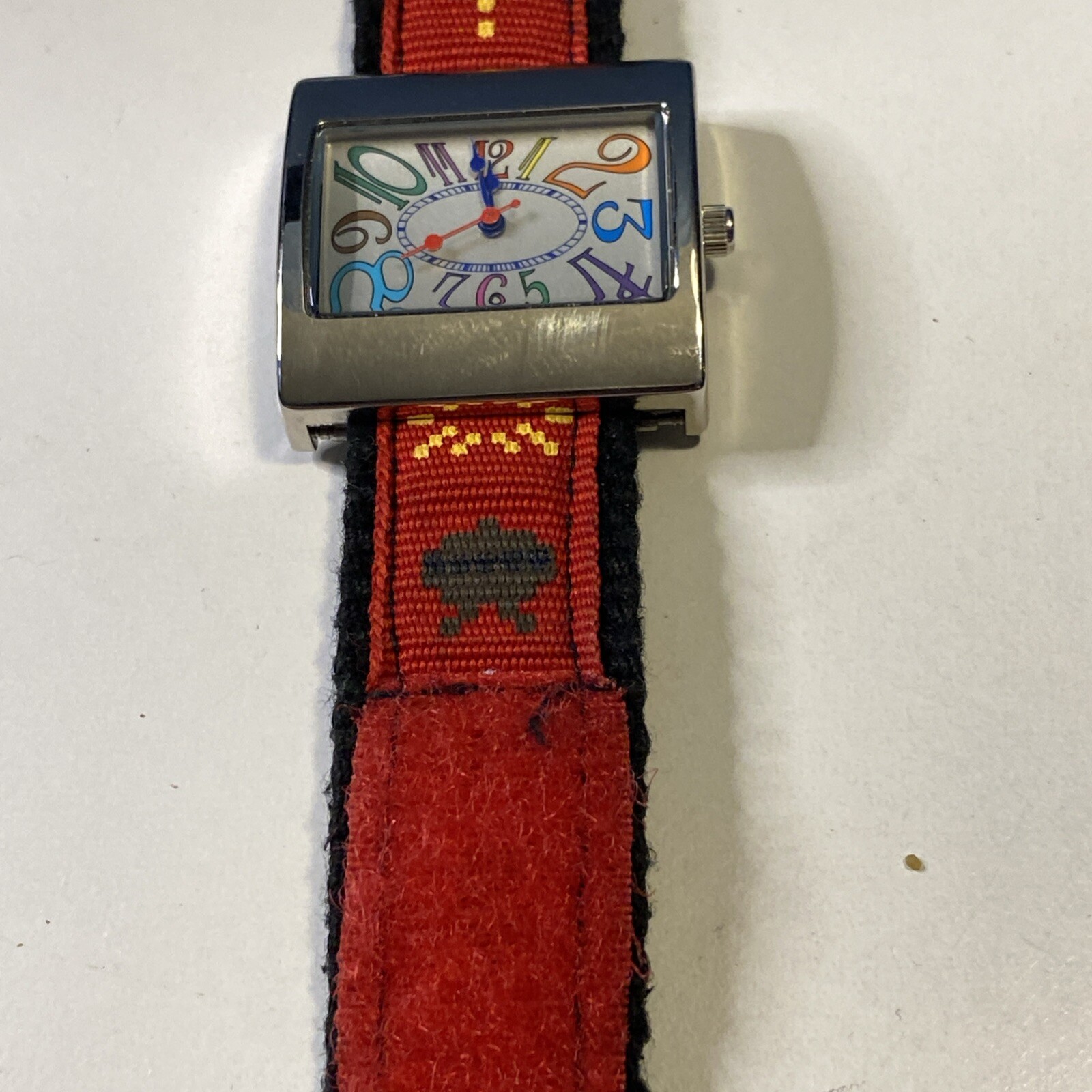 Quartz Wristwatch Silver Tone Rectangle Face Colorful Numbers Colored Nylon Band