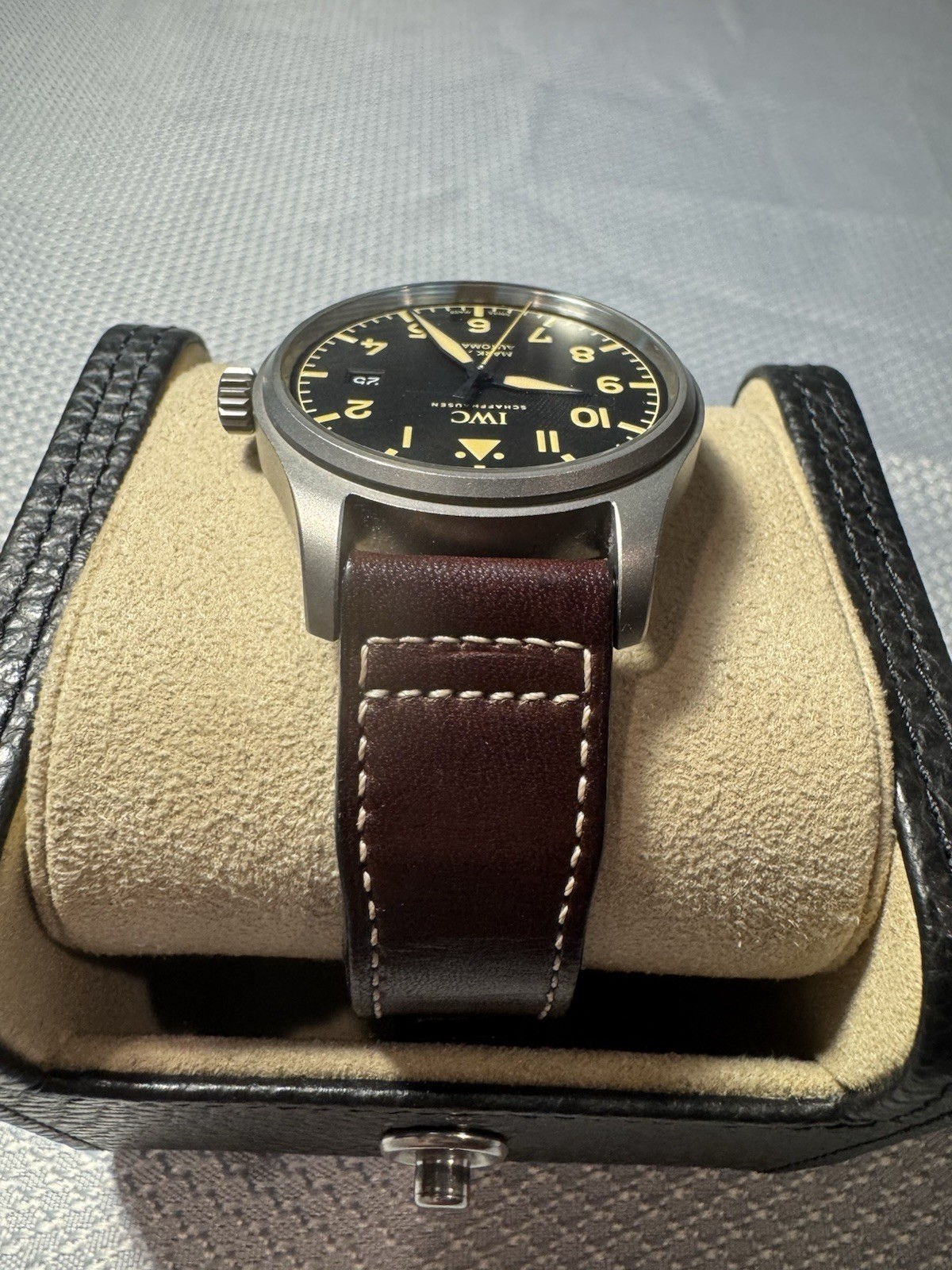 IWC Pilot’s Watch Mark XVIII Titanium Black Dial Date Brown Leather Strap