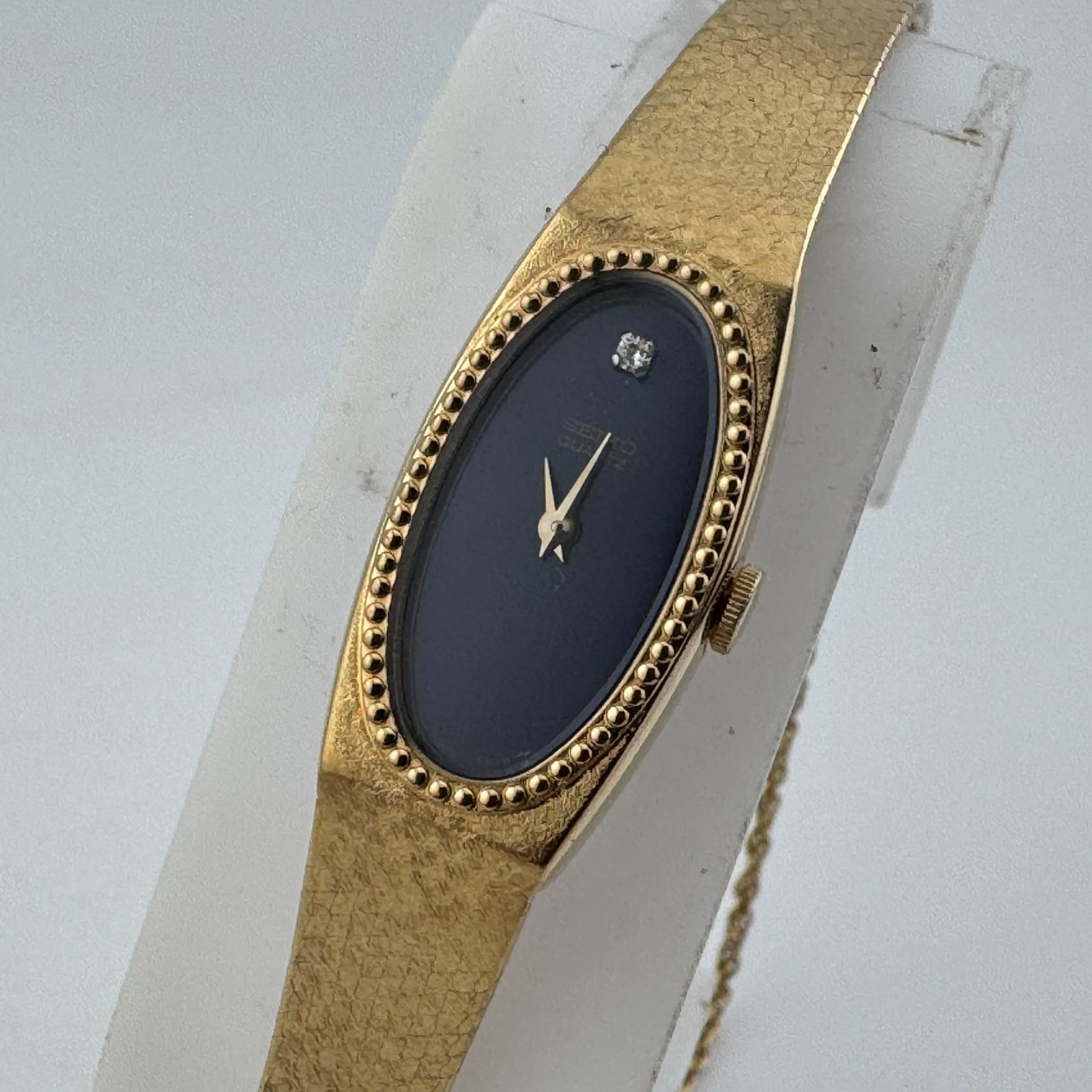VTG Seiko Quartz Watch 1320-5279 Women Gold Tone Blue Long Oval New Batter 5.75″