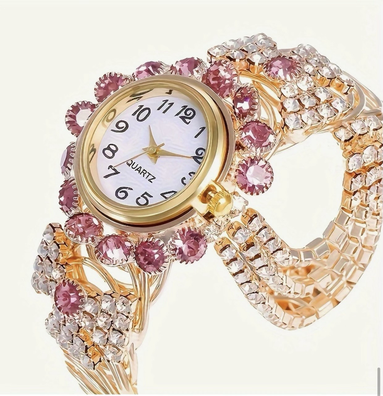 BRAND NEW ELEGANT TIMEPIECE WOMENS PINK/CLEAR STONES GOLDTONE BRACELET D1138
