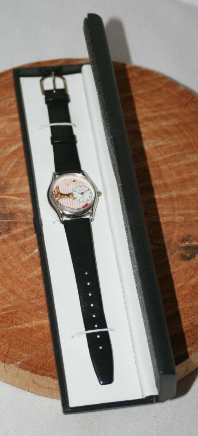 Wyl Watch Dog Black Genuine Leather Band Gossip Round Face Box ~ New