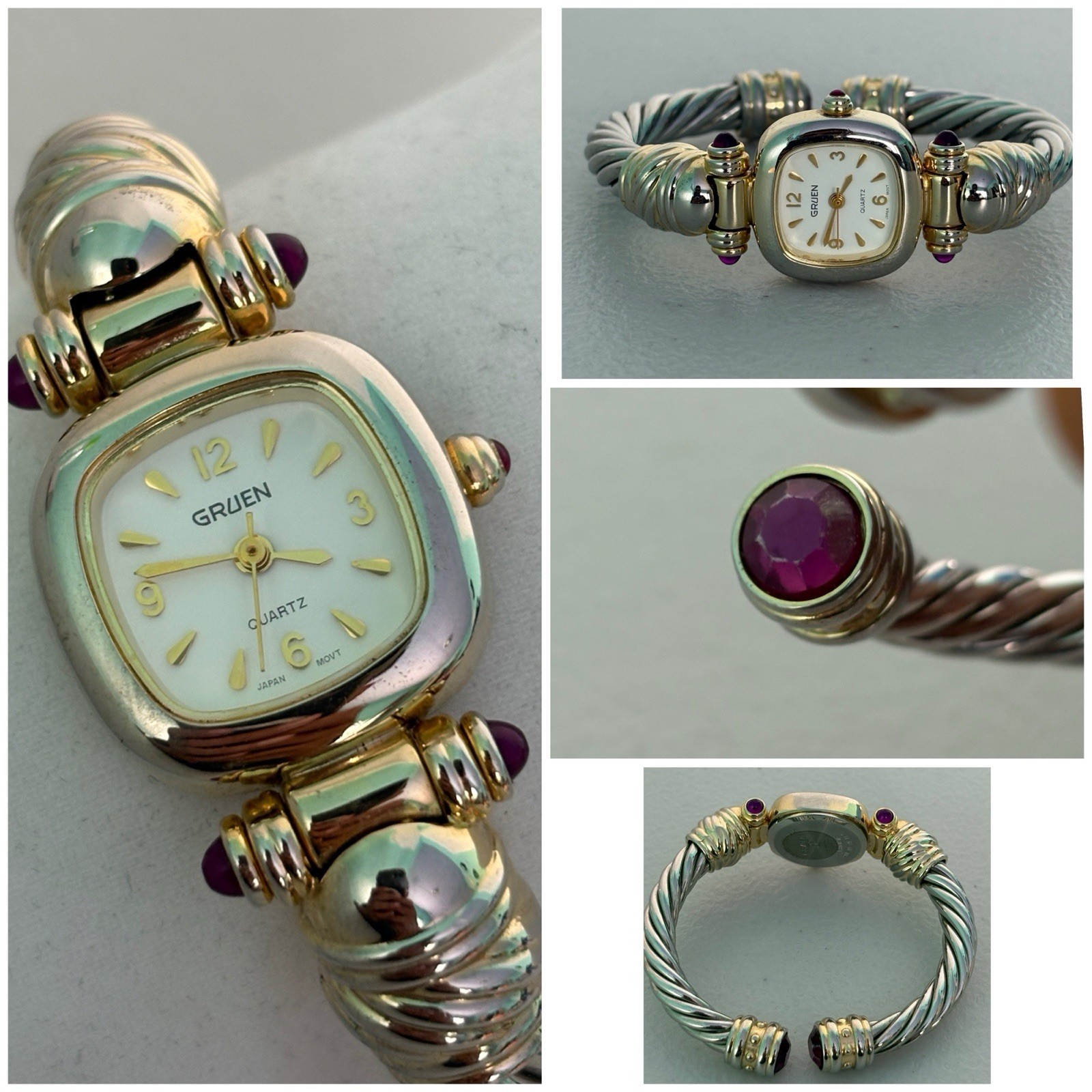 Gruen Watch Women 22mm Gold Silver Tone Square Hinged Cuff Tested & Working