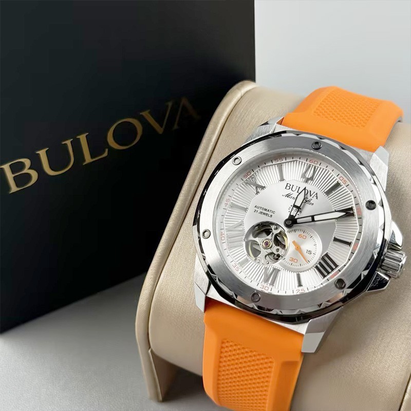 Bulova Marine Star White Dial Orange Silicone Strap Automatic Men’s Watch 98A226