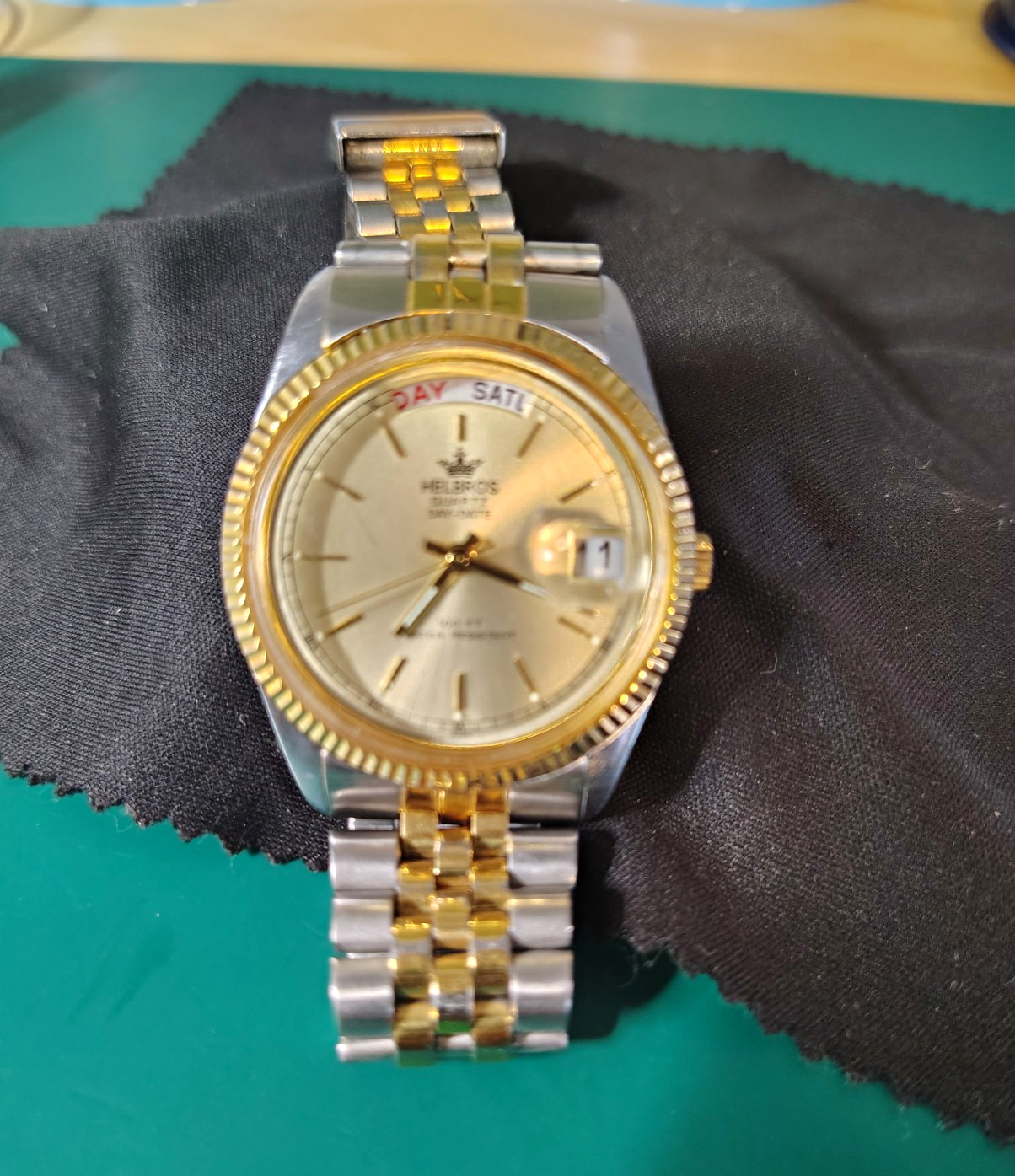 Helbros Quartz Men’s Two-Tone 36mm Day/Date Gold Dial Fluted Bracelet