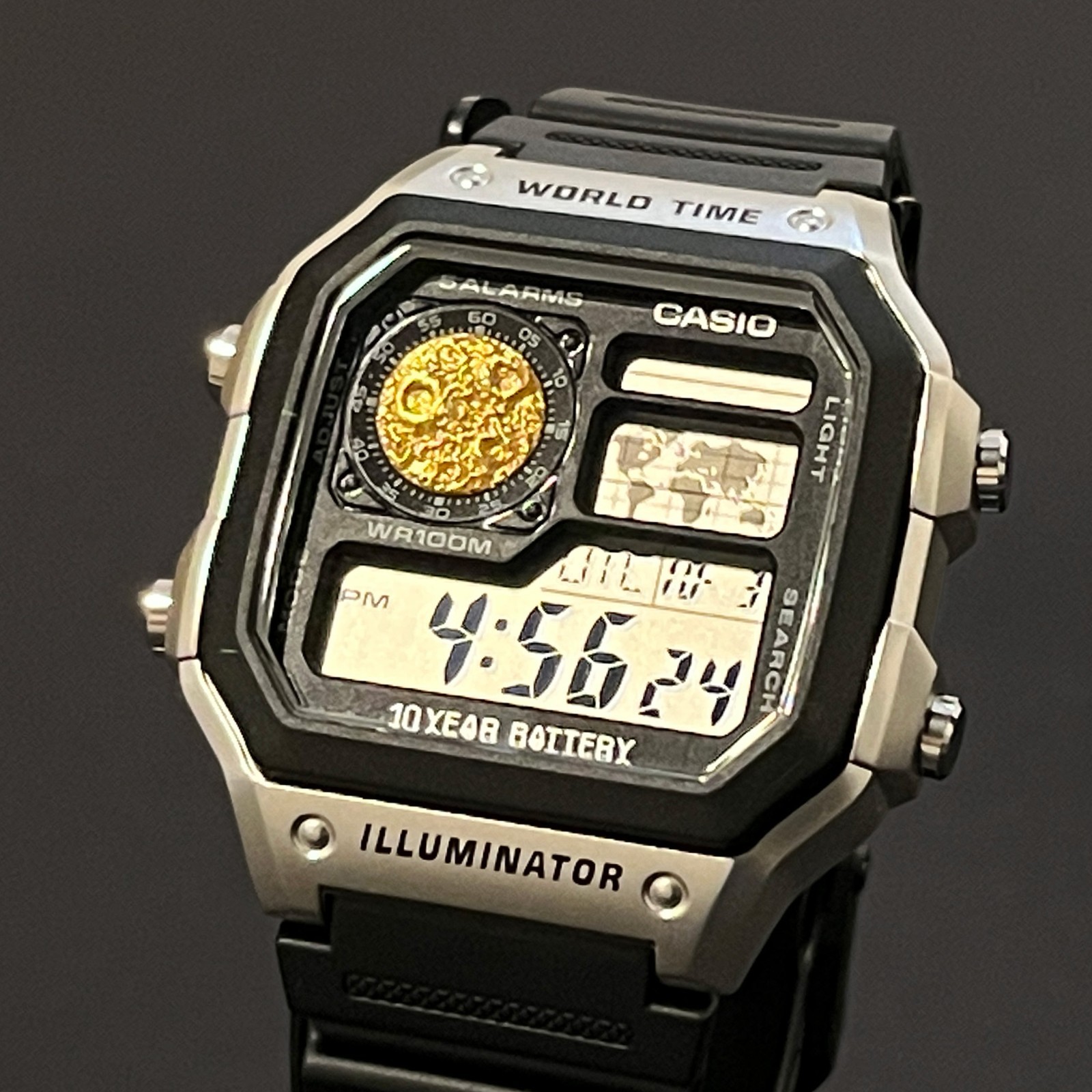Casio AE1200 Royale 24K Gold Leaf Moon Sculpture Handmade Mod Watch Silver Case