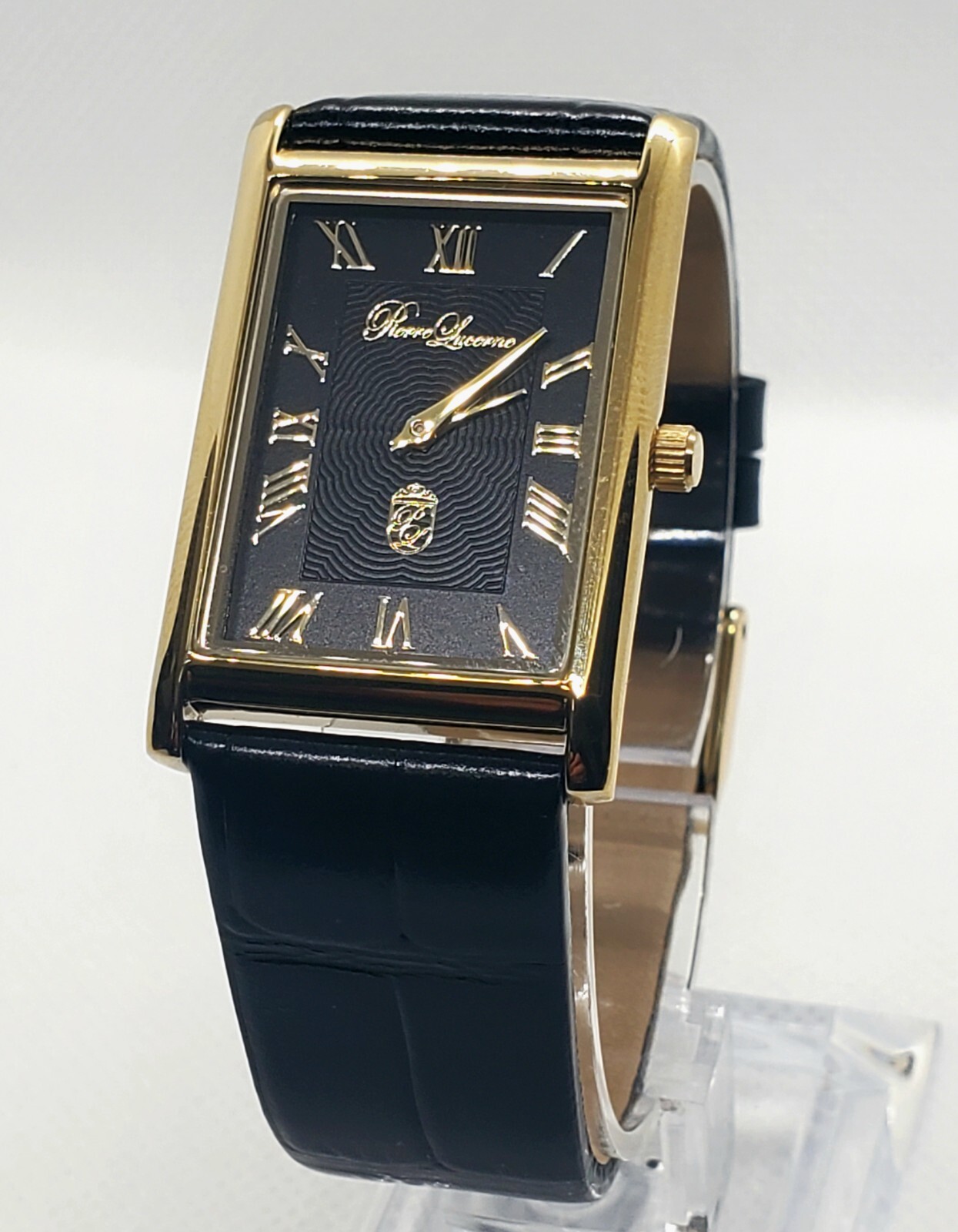 Authentic Pierre Lucerne Slim Quartz Mens BLK Tank Dress Watch