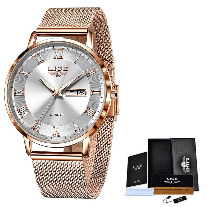 LIGE Women Men Watch Quartz Luminous Waterproof Mesh Strap Ultra-thin Wristwatch