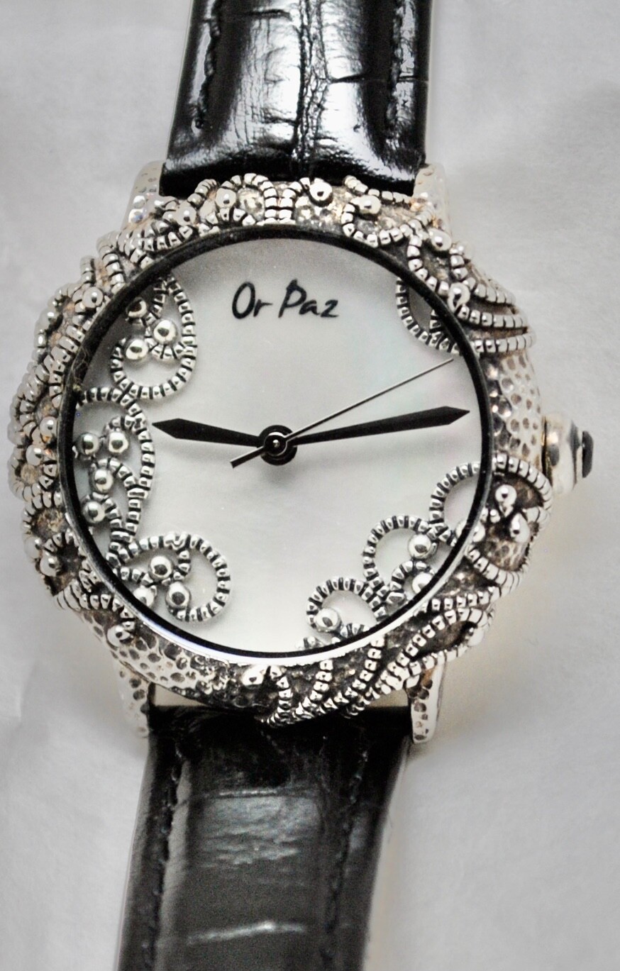 Estate Israel Or Paz Decorative Case & Buckle Silver Watch MOP Dial Leather Band