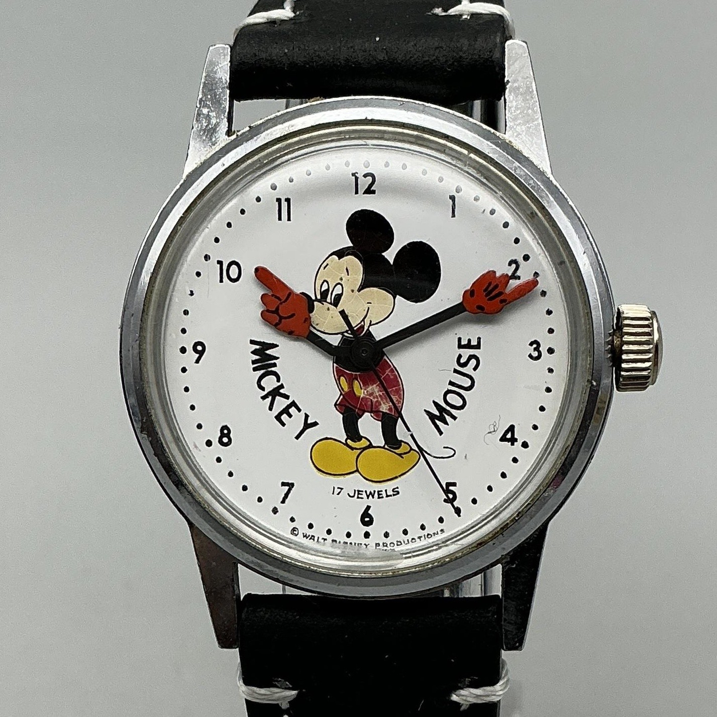 Vintage Disney Mickey Mouse Mens Watch 33mm Silver Tone Manual Black Leather