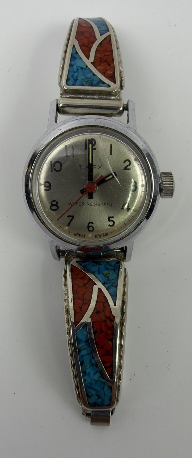 Vintage Women’s Timex Watch w/ Southwestern Turquoise & Coral Chip Silver Band