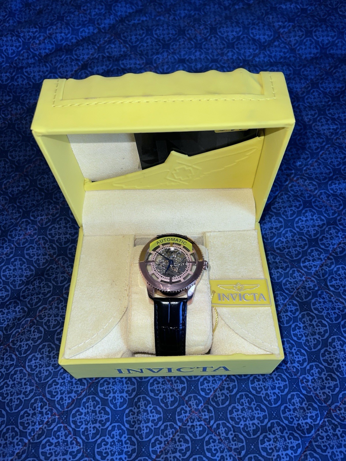 Invicta Men’s Automatic Skeleton Dial Watch Silver Case Black Leather Strap Box